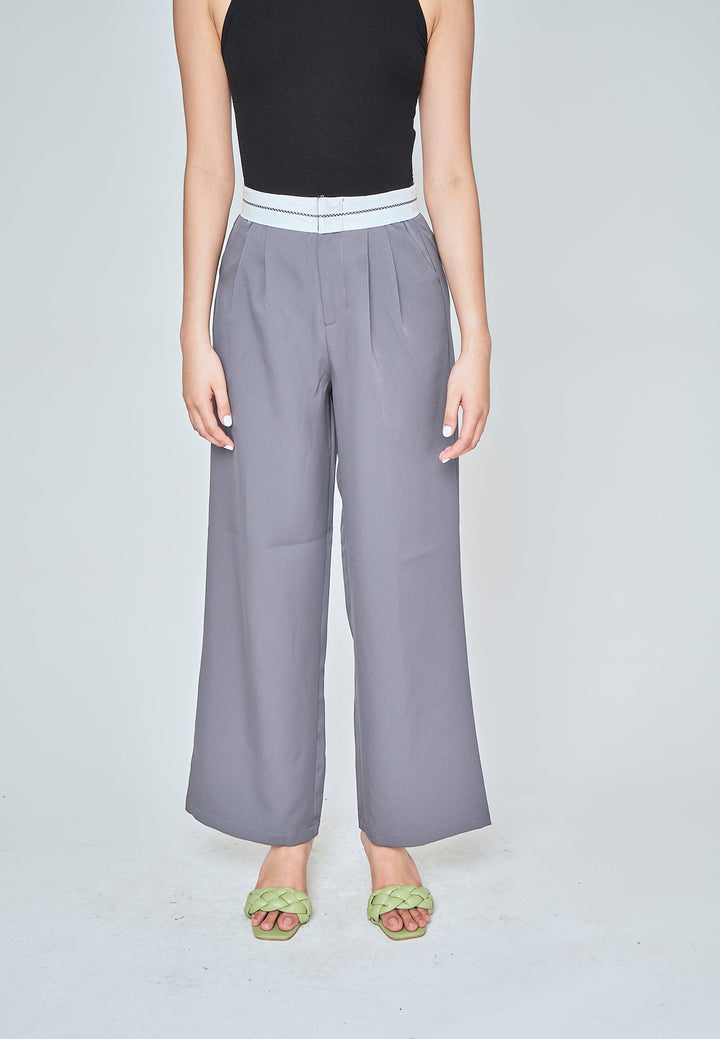 Jorren Grey Zipper Fly White Waistline Pleated Staright Cut Trouser