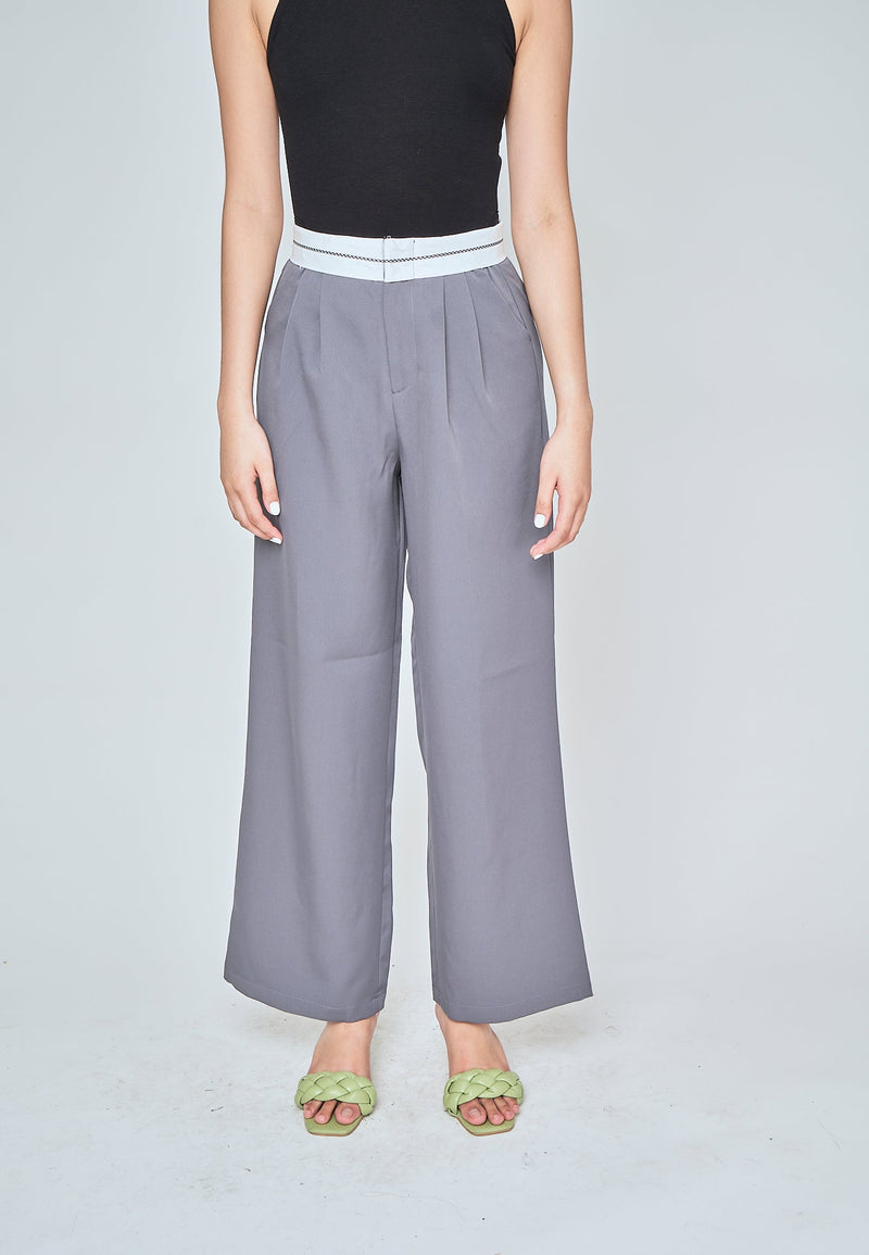 Jorren Grey Zipper Fly White Waistline Pleated Staright Cut Trouser