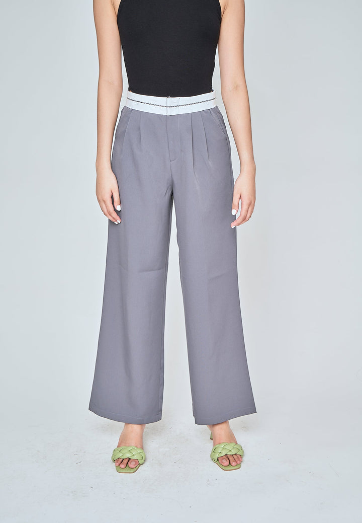 Jorren Grey Zipper Fly White Waistline Pleated Staright Cut Trouser