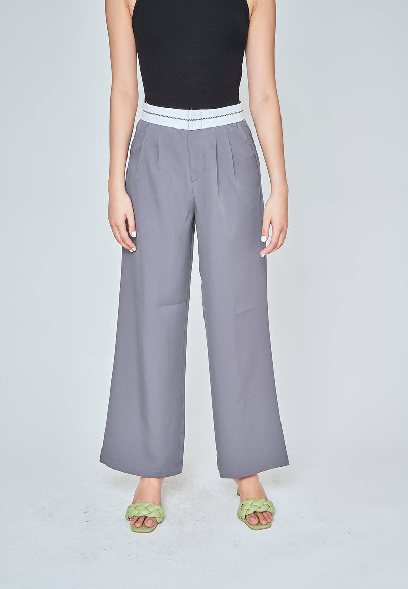 Jorren Grey Zipper Fly White Waistline Pleated Staright Cut Trouser