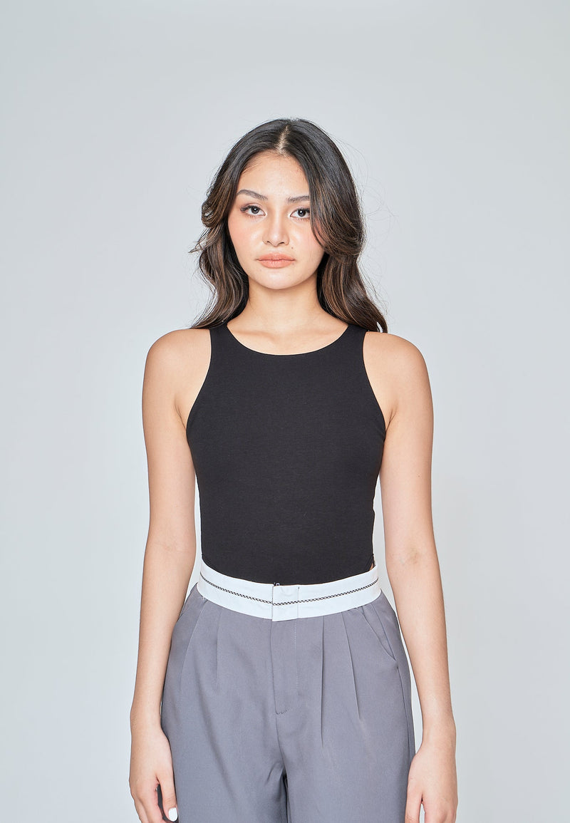 Kady Black Crew Neck Sleeveless High Cut Bodysuit