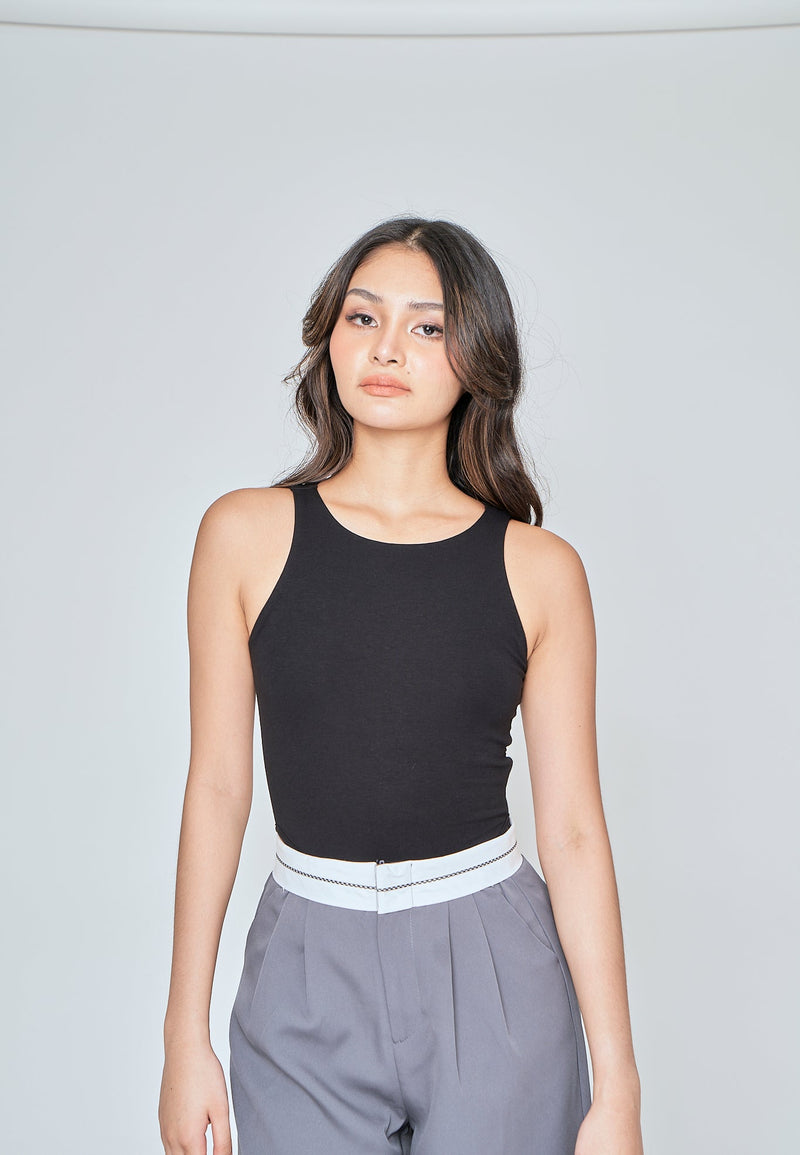 Kady Black Crew Neck Sleeveless High Cut Bodysuit