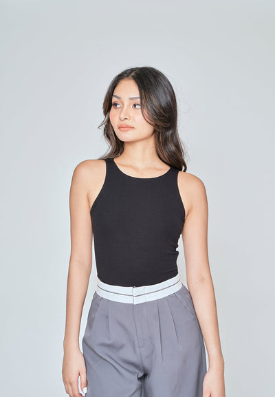 Kady Black Crew Neck Sleeveless High Cut Bodysuit