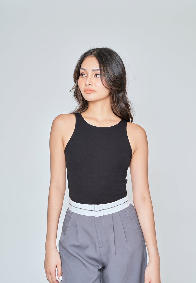 Kady Black Crew Neck Sleeveless High Cut Bodysuit