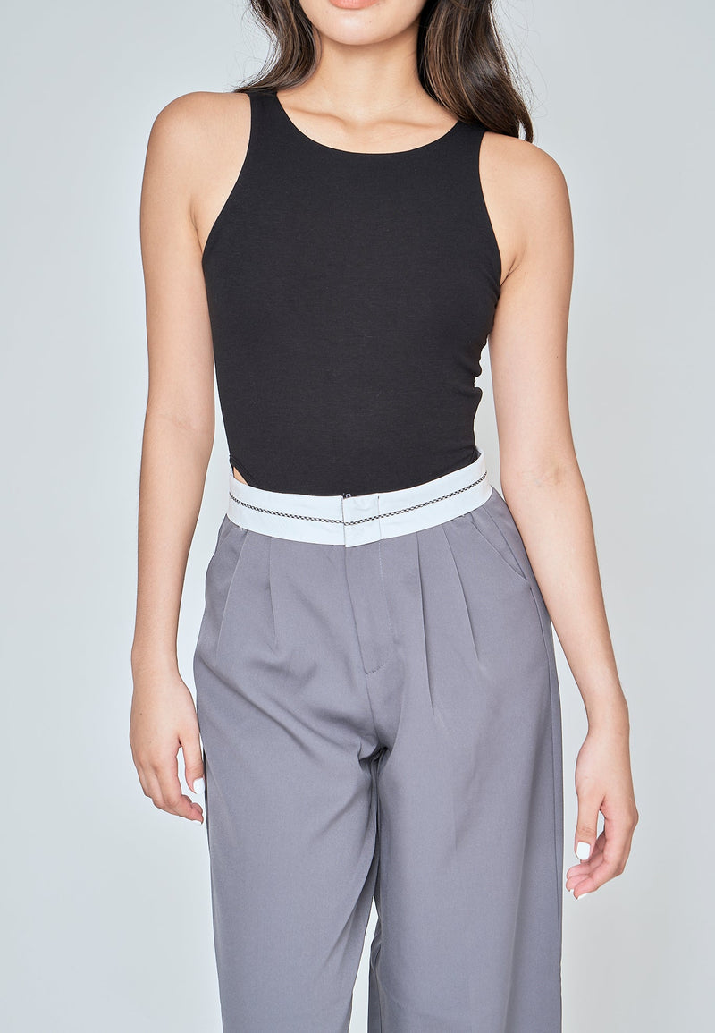 Kady Black Crew Neck Sleeveless High Cut Bodysuit