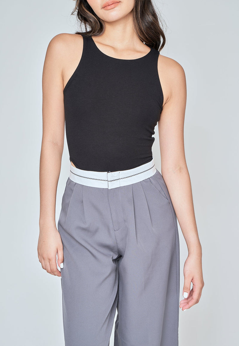 Kady Black Crew Neck Sleeveless High Cut Bodysuit