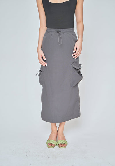 Akello Dark Grey Elastic Waist Side Pockets A-Line Cargo Midi Skirt