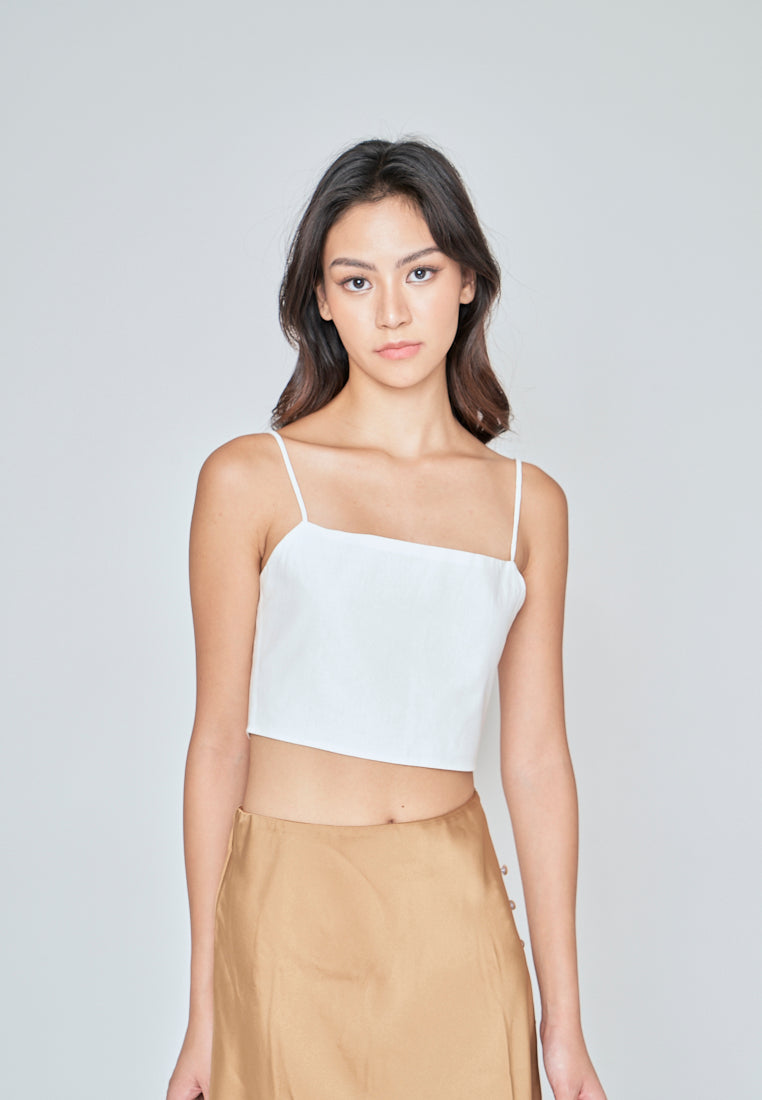 Fumi White Linen Sleeveless Self Tie Strap Zipper Back Top