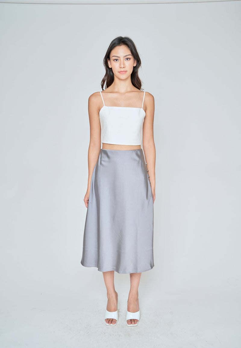 Ainsley Ash Blue Silk Side Buttons Midi Skirt