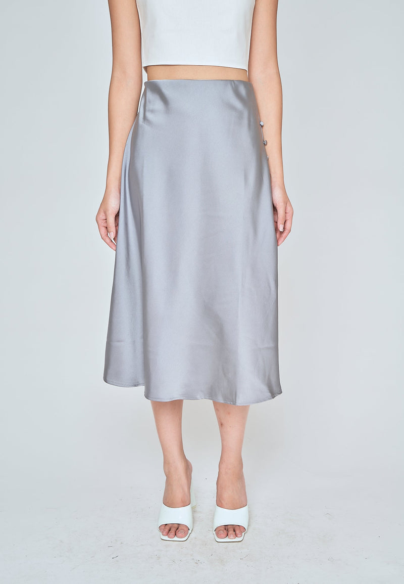 Ainsley Ash Blue Silk Side Buttons Midi Skirt