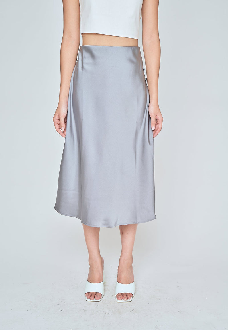 Ainsley Ash Blue Silk Side Buttons Midi Skirt