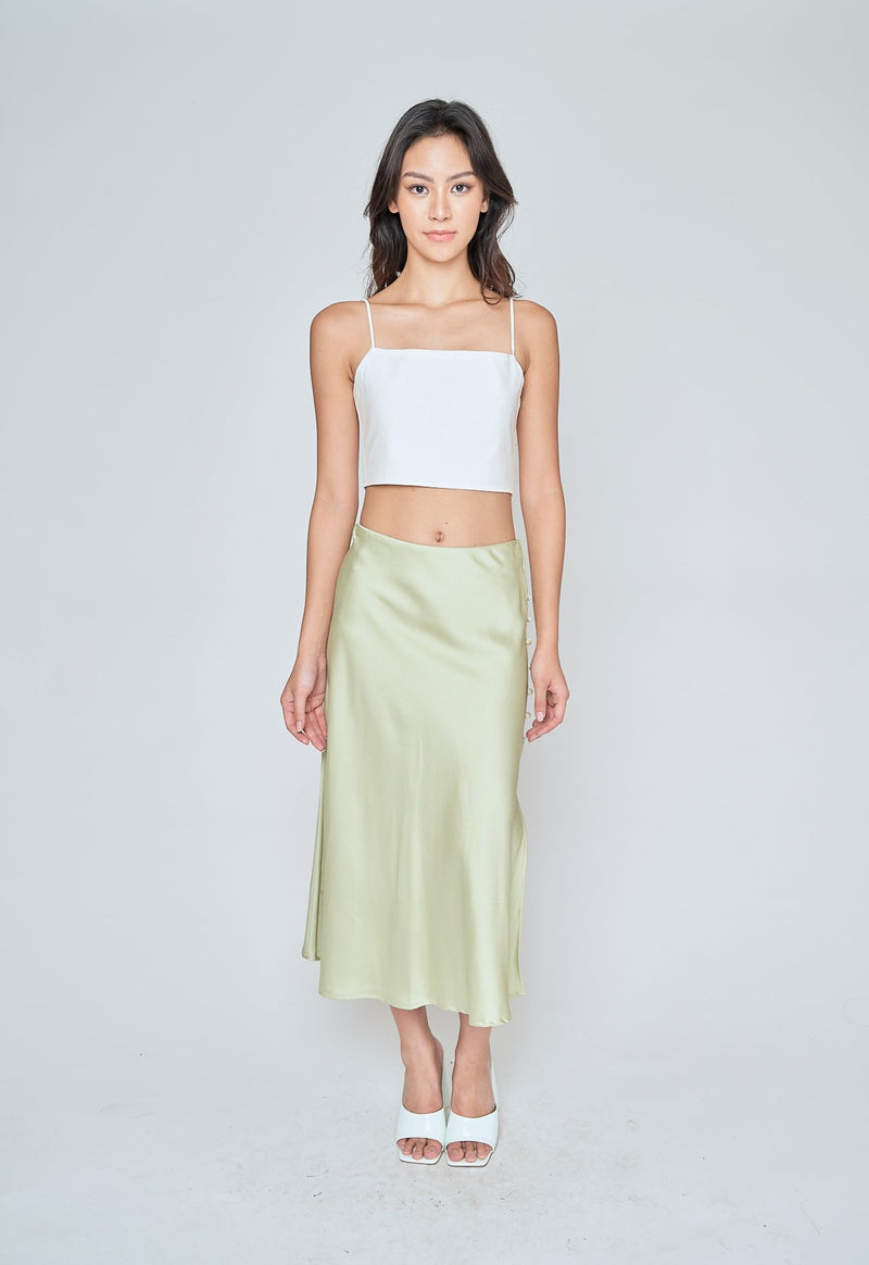 Ainsley Pastel Green Silk Side Buttons Midi Skirt