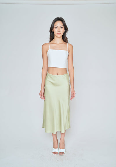 Ainsley Pastel Green Silk Side Buttons Midi Skirt