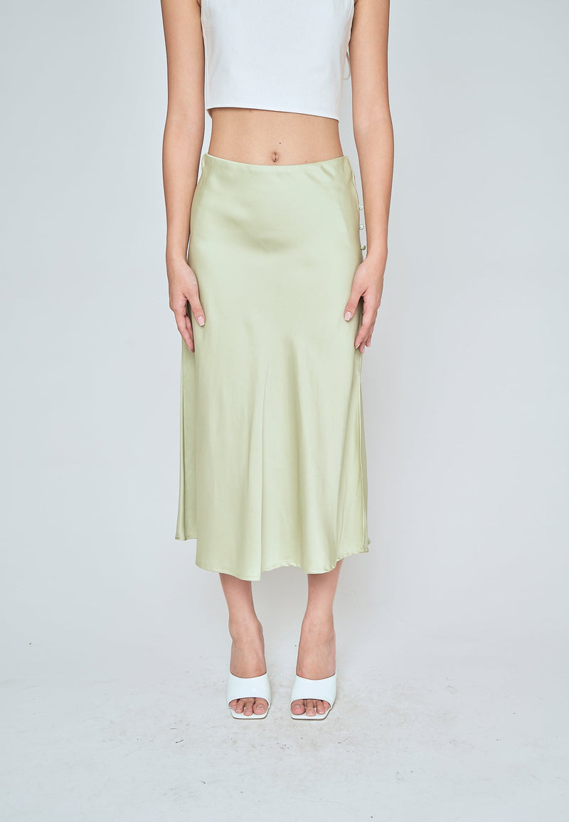 Ainsley Pastel Green Silk Side Buttons Midi Skirt