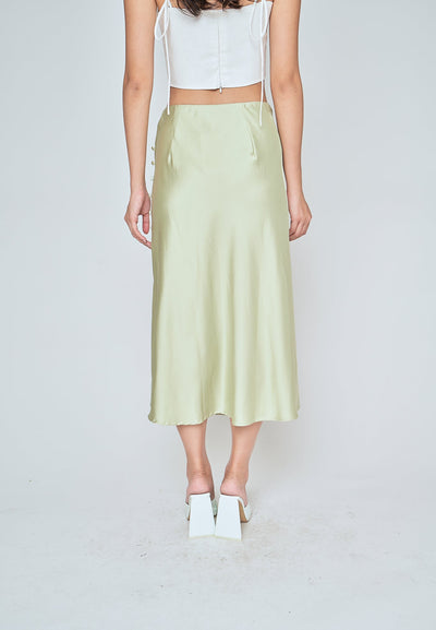 Ainsley Pastel Green Silk Side Buttons Midi Skirt