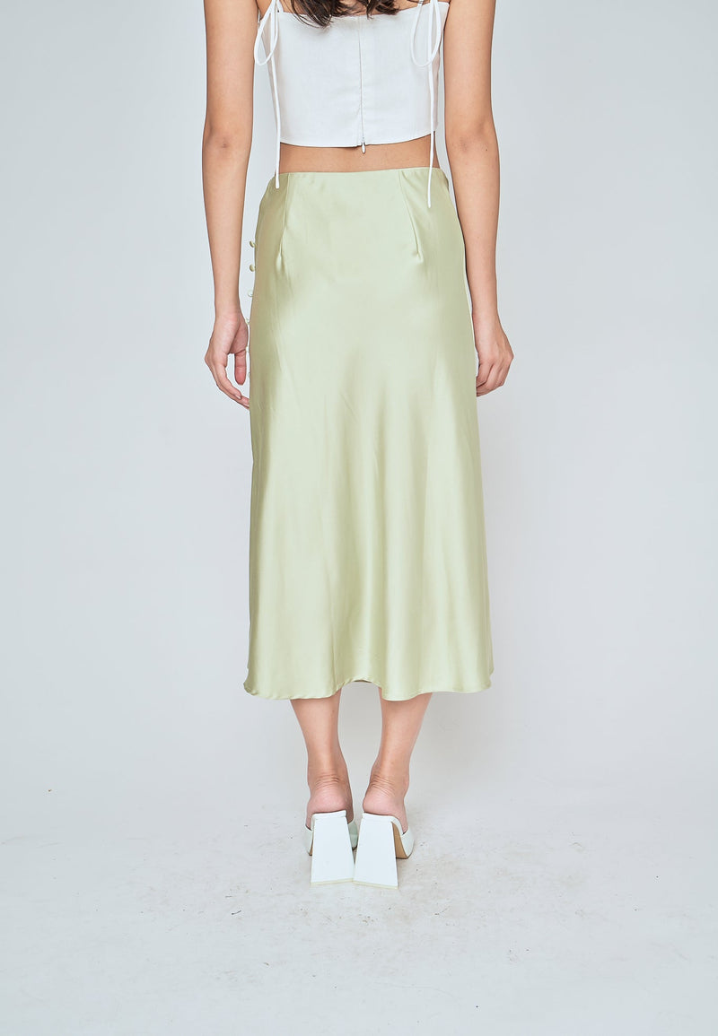 Ainsley Pastel Green Silk Side Buttons Midi Skirt