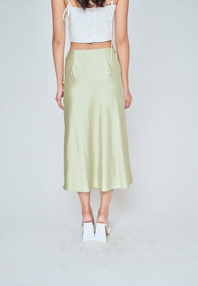 Ainsley Pastel Green Silk Side Buttons Midi Skirt