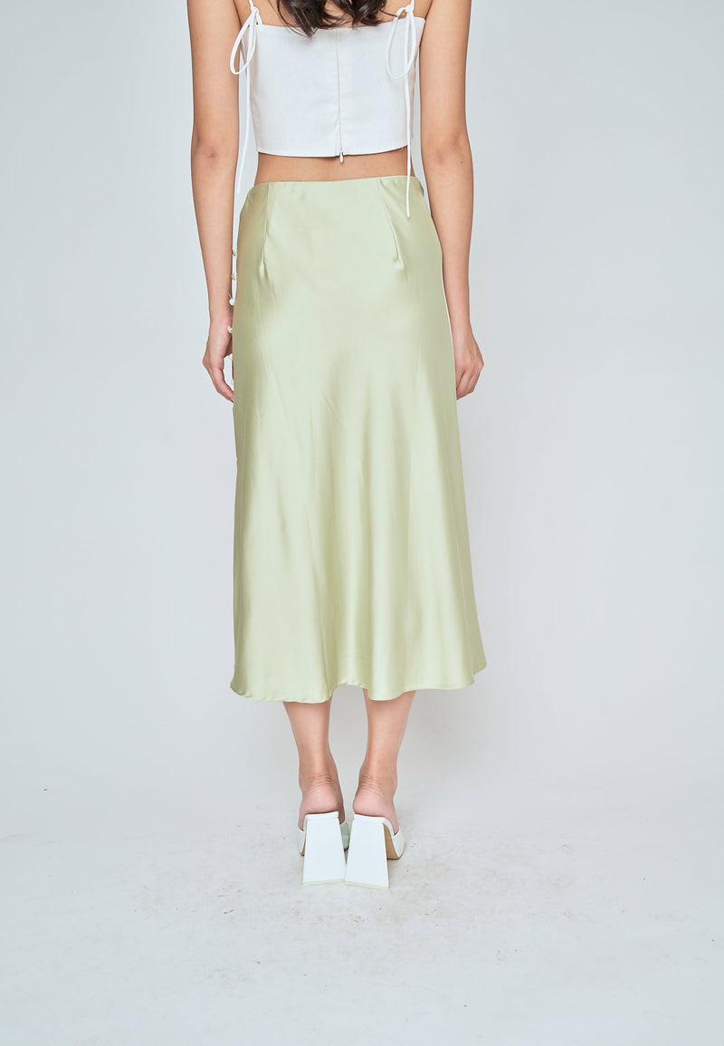 Ainsley Pastel Green Silk Side Buttons Midi Skirt