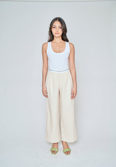 Jorren Beige Zipper Fly White Waistline Pleated Staright Cut Trouser