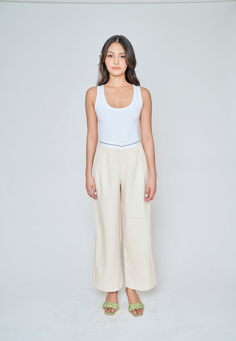 Jorren Beige Zipper Fly White Waistline Pleated Staright Cut Trouser