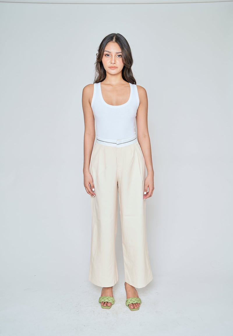 Jorren Beige Zipper Fly White Waistline Pleated Staright Cut Trouser