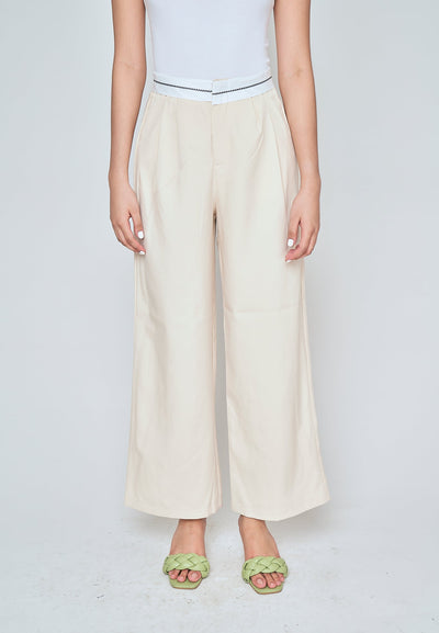 Jorren Beige Zipper Fly White Waistline Pleated Staright Cut Trouser