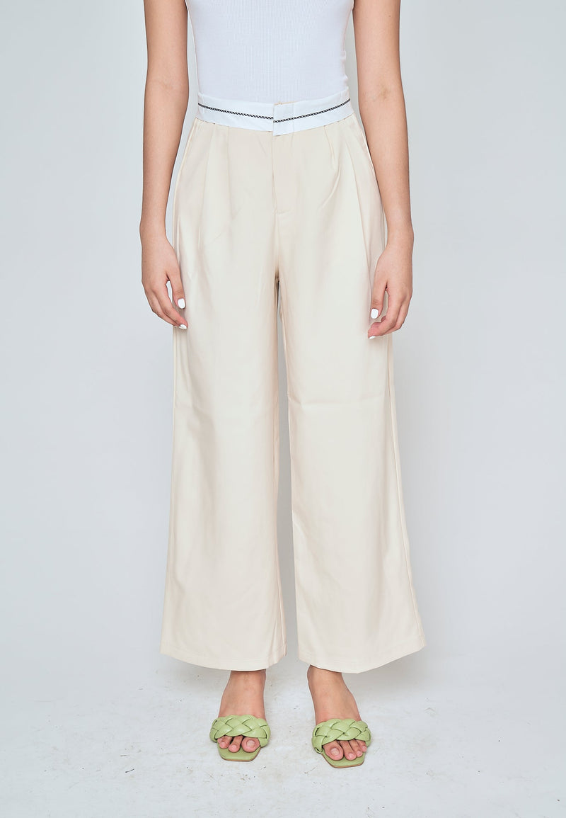 Jorren Beige Zipper Fly White Waistline Pleated Staright Cut Trouser