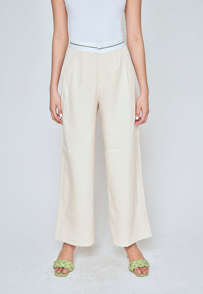 Jorren Beige Zipper Fly White Waistline Pleated Staright Cut Trouser