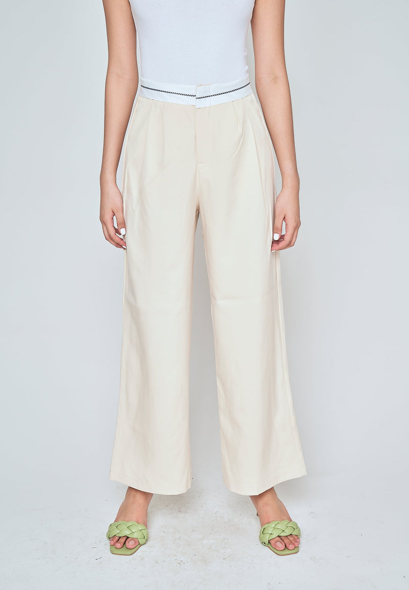 Jorren Beige Zipper Fly White Waistline Pleated Staright Cut Trouser