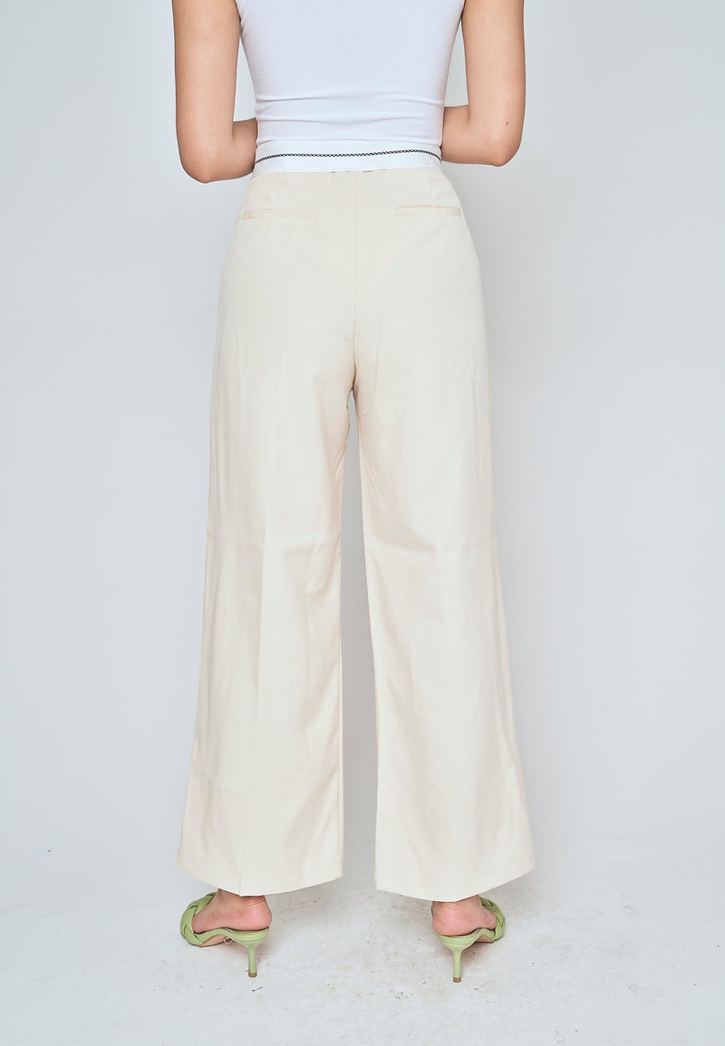 Jorren Beige Zipper Fly White Waistline Pleated Staright Cut Trouser
