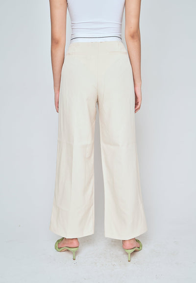 Jorren Beige Zipper Fly White Waistline Pleated Staright Cut Trouser