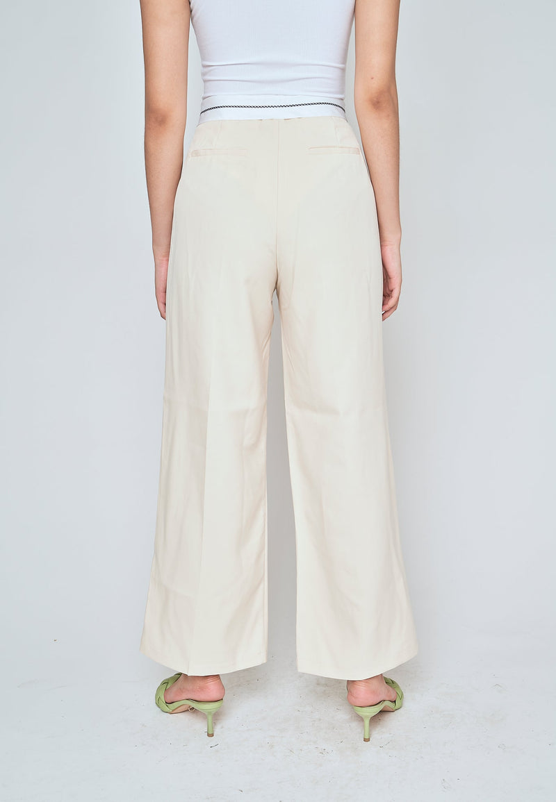 Jorren Beige Zipper Fly White Waistline Pleated Staright Cut Trouser