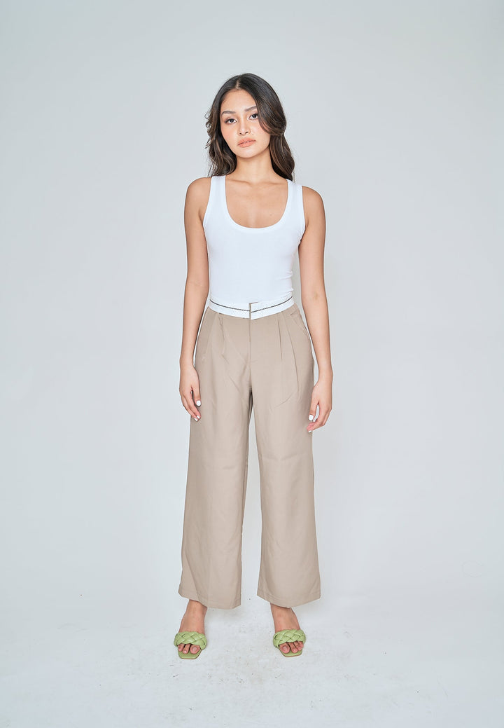 Jorren Khaki Zipper Fly White Waistline Pleated Staright Cut Trouser