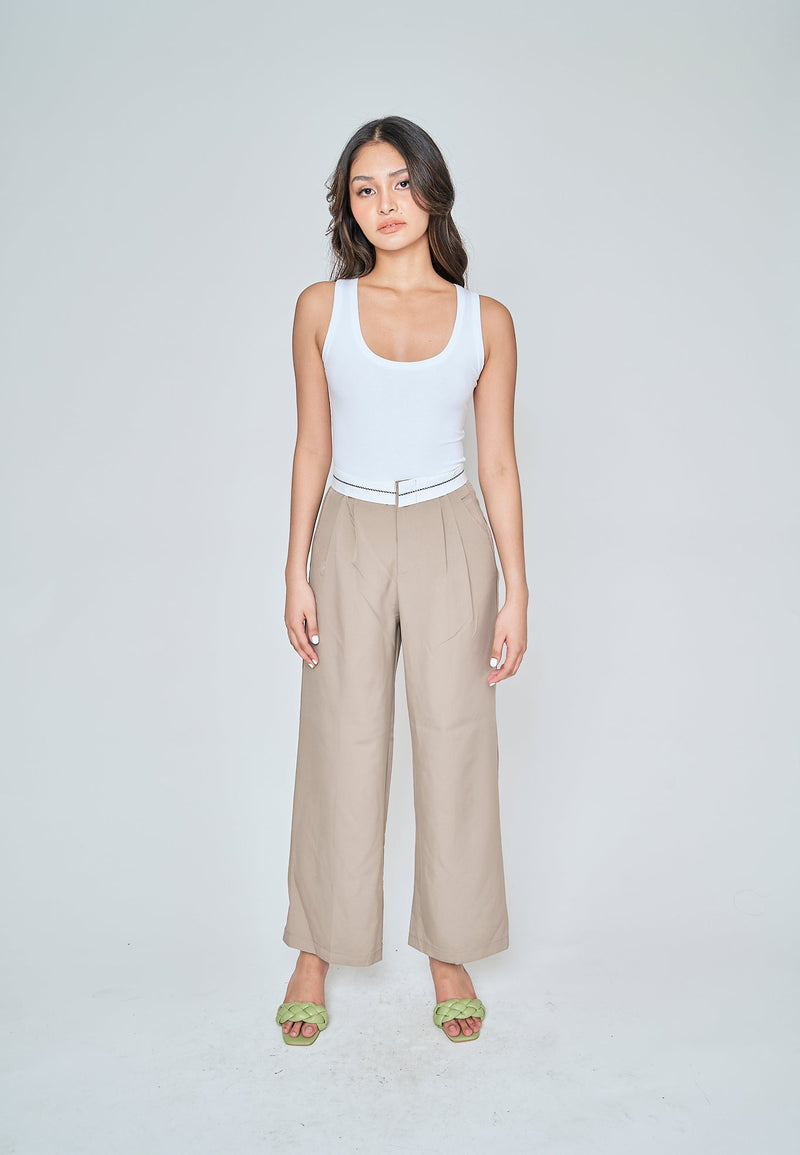 Jorren Khaki Zipper Fly White Waistline Pleated Staright Cut Trouser