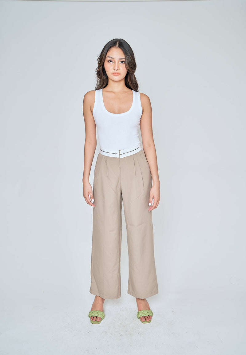 Jorren Khaki Zipper Fly White Waistline Pleated Staright Cut Trouser