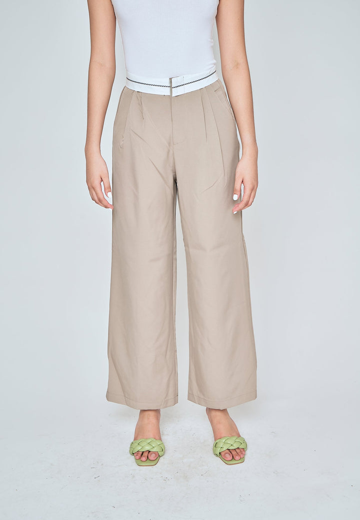Jorren Khaki Zipper Fly White Waistline Pleated Staright Cut Trouser