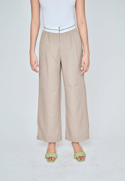 Jorren Khaki Zipper Fly White Waistline Pleated Staright Cut Trouser