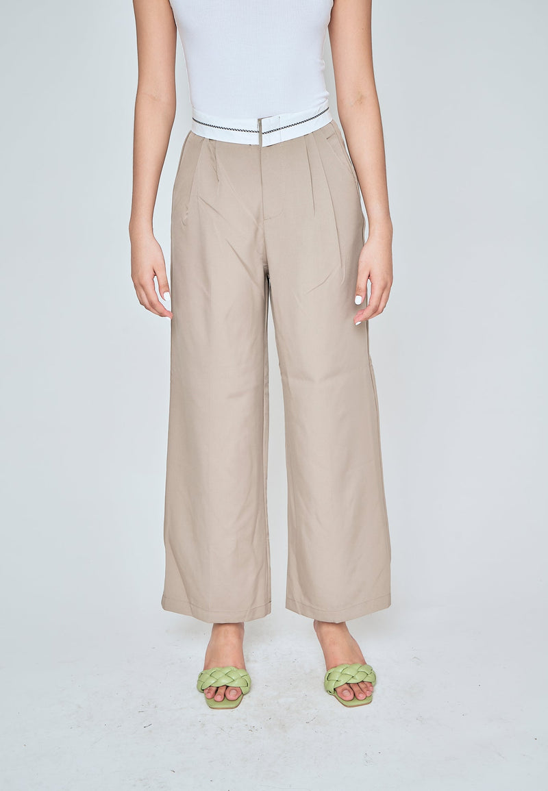 Jorren Khaki Zipper Fly White Waistline Pleated Staright Cut Trouser