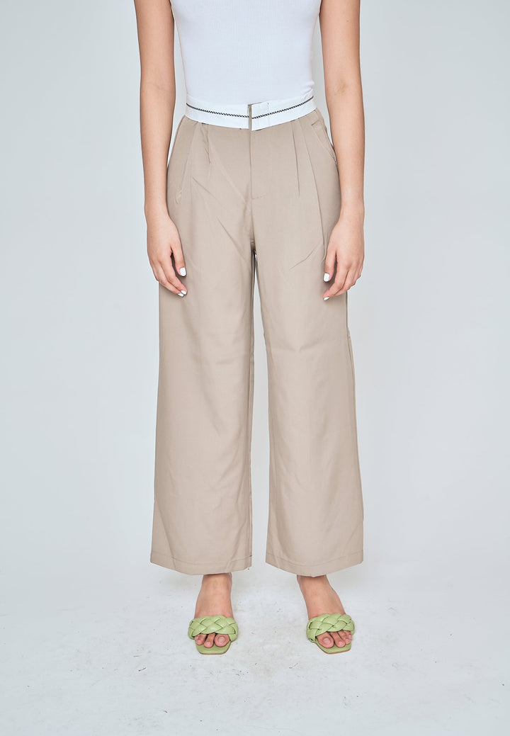 Jorren Khaki Zipper Fly White Waistline Pleated Staright Cut Trouser