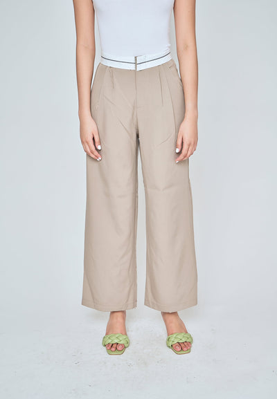 Jorren Khaki Zipper Fly White Waistline Pleated Staright Cut Trouser