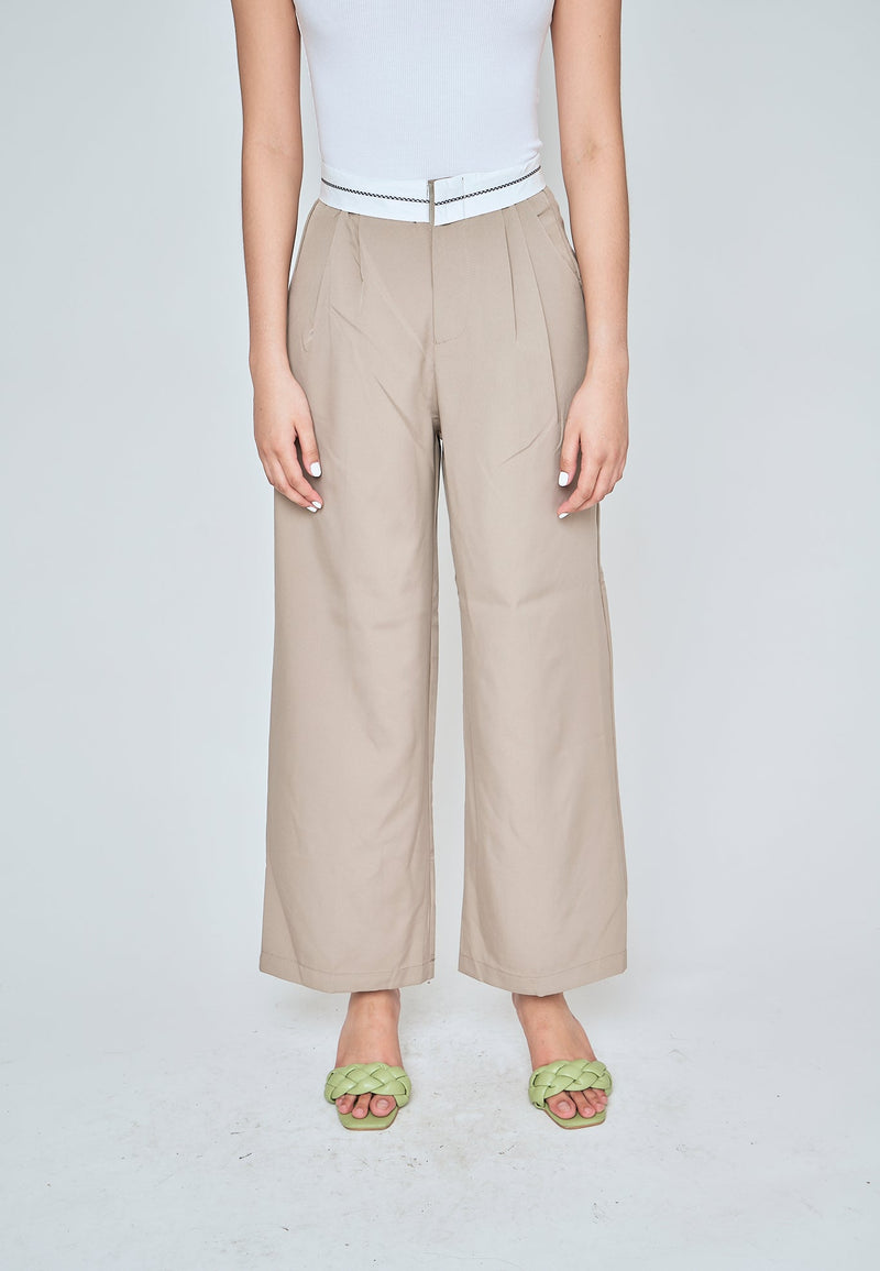 Jorren Khaki Zipper Fly White Waistline Pleated Staright Cut Trouser