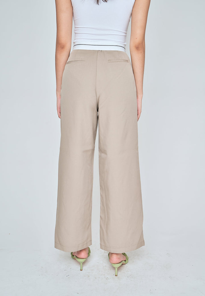 Jorren Khaki Zipper Fly White Waistline Pleated Staright Cut Trouser