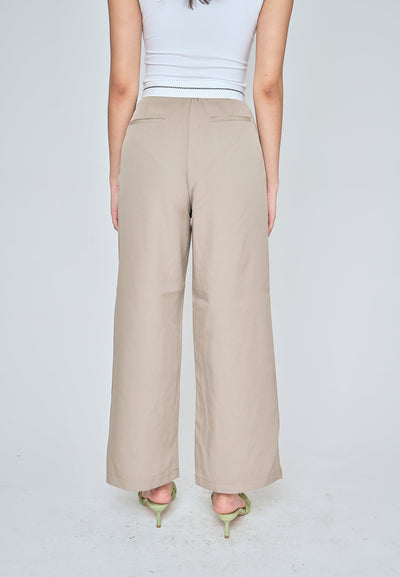 Jorren Khaki Zipper Fly White Waistline Pleated Staright Cut Trouser