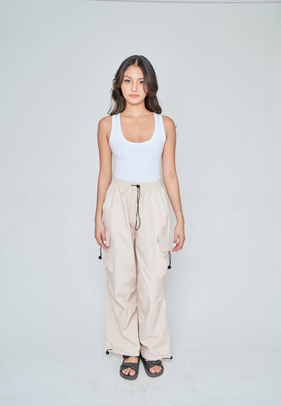 Andric Beige Elastic Waist Mult-Pockets Adjustable Hem Cargo Pants
