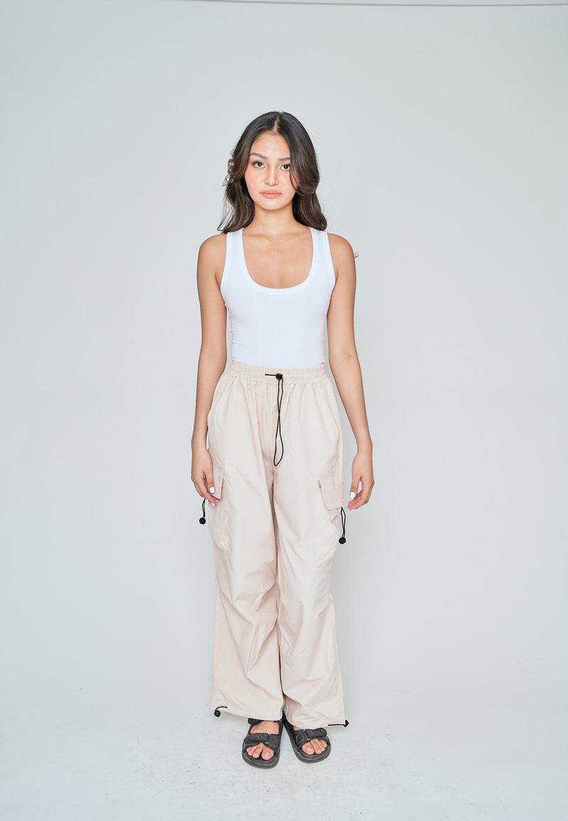 Andric Beige Elastic Waist Mult-Pockets Adjustable Hem Cargo Pants