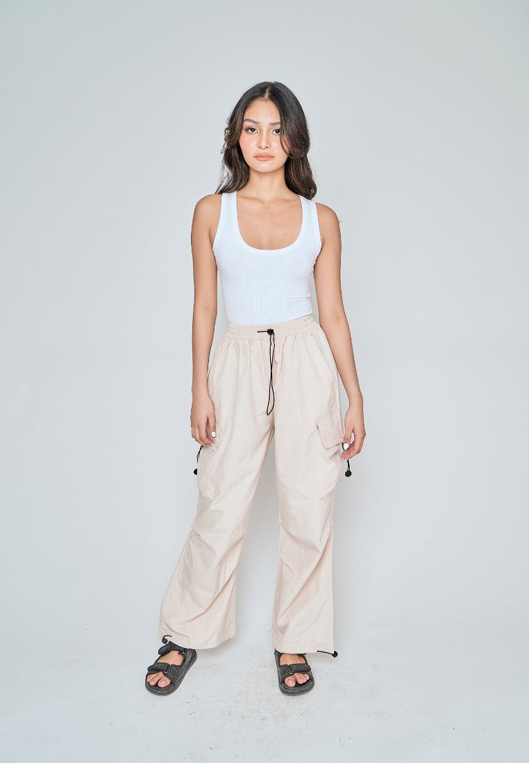 Andric Beige Elastic Waist Mult-Pockets Adjustable Hem Cargo Pants