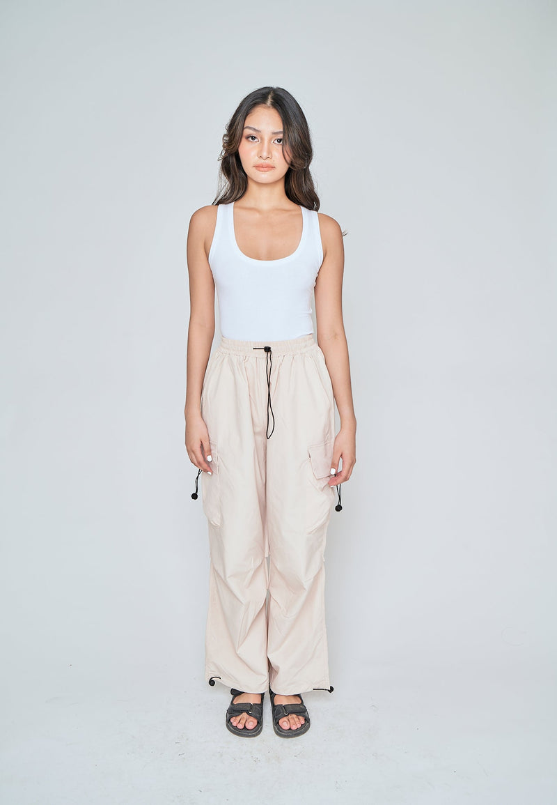 Andric Beige Elastic Waist Mult-Pockets Adjustable Hem Cargo Pants