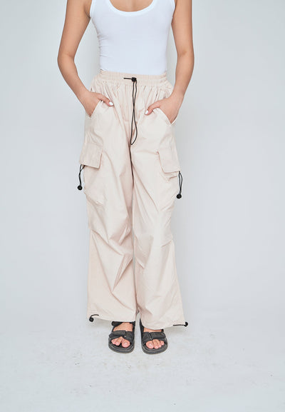 Andric Beige Elastic Waist Mult-Pockets Adjustable Hem Cargo Pants