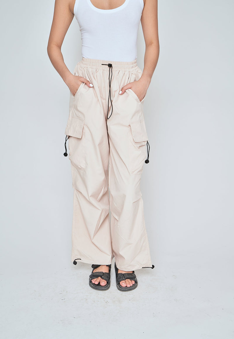 Andric Beige Elastic Waist Mult-Pockets Adjustable Hem Cargo Pants