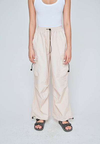 Andric Beige Elastic Waist Mult-Pockets Adjustable Hem Cargo Pants